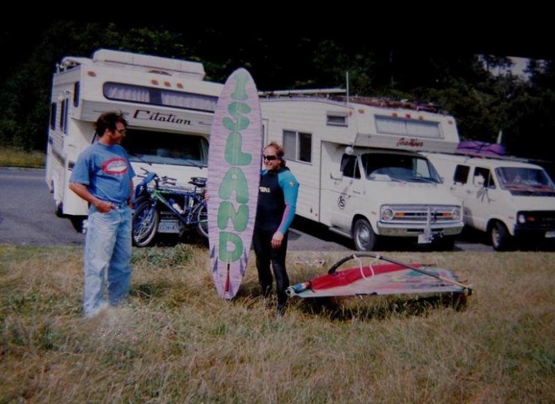 Old days at the Gorge,cruising in the deluxe motorhome,sigh!
This shot really takes me back,Island Sails goes to the Gorge,Check out the custom sail with the 3 D graffic's.That's Joel the progressive board designer in the forground,me ,the animal with the ANIMAL.These boards really rocked,unbelievable upwind and downwind ability,to bad they are not bieng made anymore.
Keywords: Animal Days.