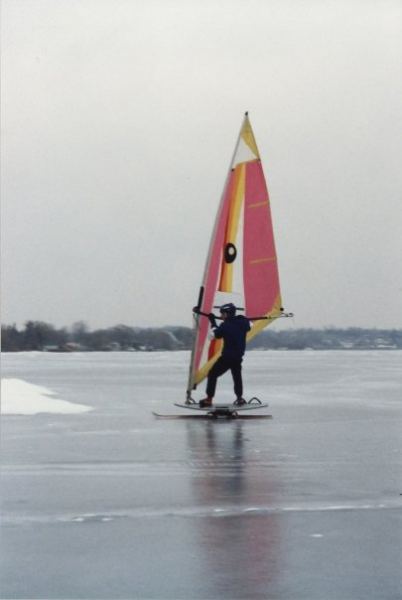 Ice Sailing
This one was from the early days of our ice sailing experiments.  Not a bad ice year, but sometimes we got it absolutely perfect.  In later years, we got the boards figured out better with skateboard trucks, great bit steel blades etc.  Friggin' fast to be sure.
