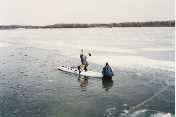 Ice Sailing
4/3 Steamers that weren't even close to warm, open palm mits, and an abundance of youthful stoke.  This was probably in March and we were so amped to do anything remotely connected with windsurfing, that it seemed like a good idea to go swimming around in the ice by my house.
