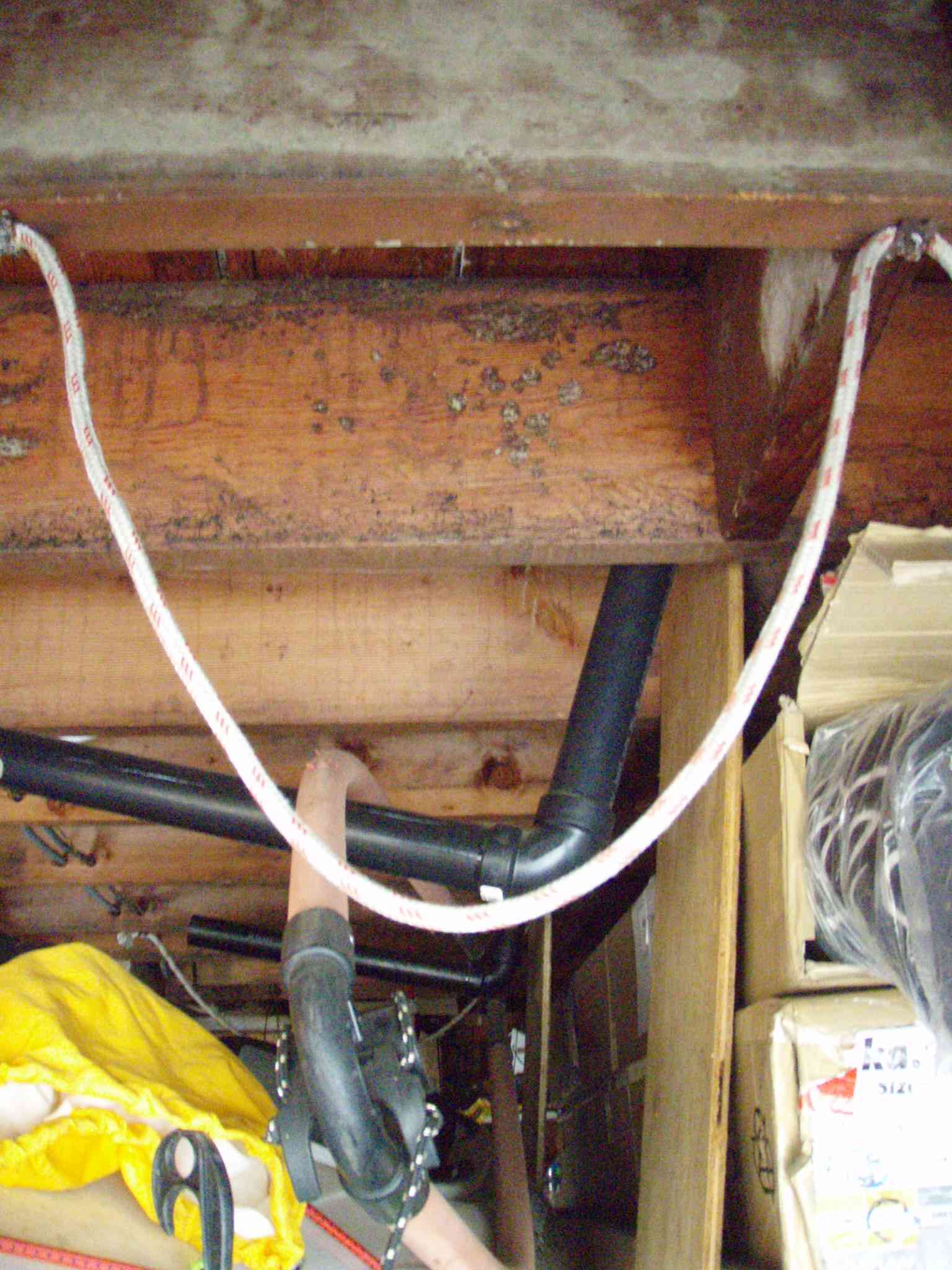 rope loop detail, ABS pipes for boom support, kayaks suspended by rope